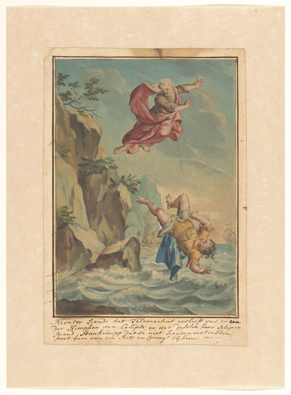 Mentor kastar Telemachus från en sten och hoppar efter honom Telemachus-serien (serietitel) av Rienk Keyert