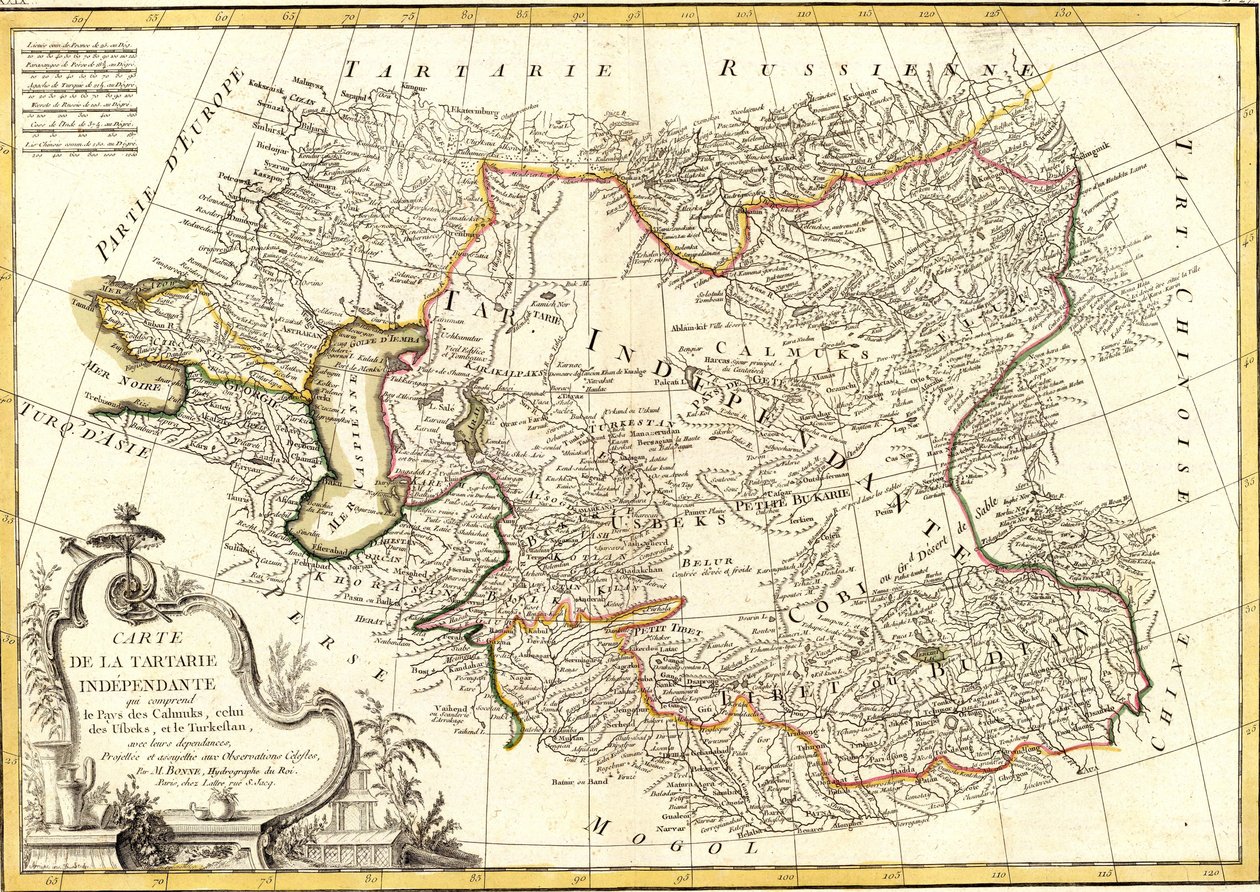 Carte de la Tartarie Independante qui comprend le Pays des Calmuks, celui des Usbeks, et le Turkestan av Charles Marie Rigobert Bonne
