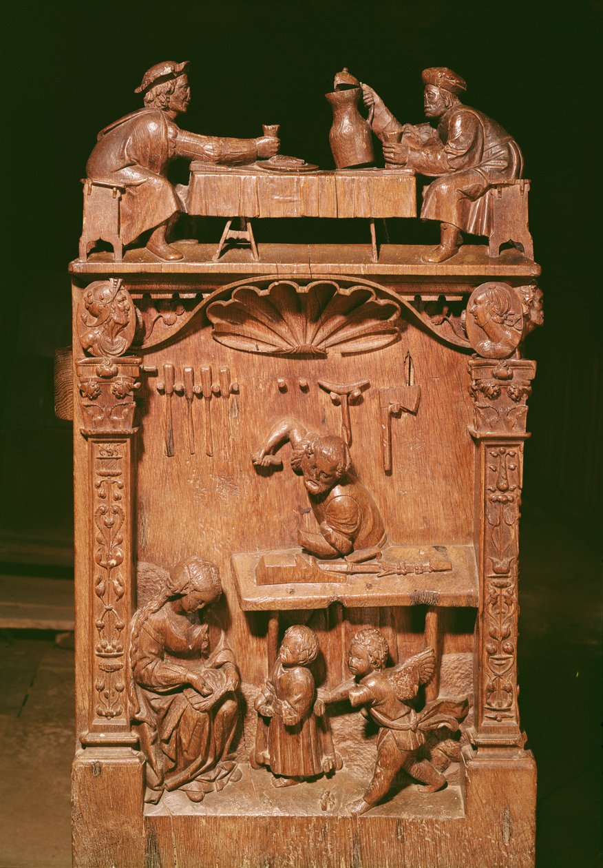 Körstolar som föreställer (ovan) bröderna Rigoley och (nedan) verkstaden i Nasaret, 1526 (trä) av Rigoley Brothers