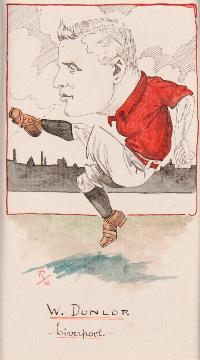 Billy Dunlop, Liverpool, ritning till en uppsättning cigarettkort, 1907 (penna och bläck på kort) av Rip