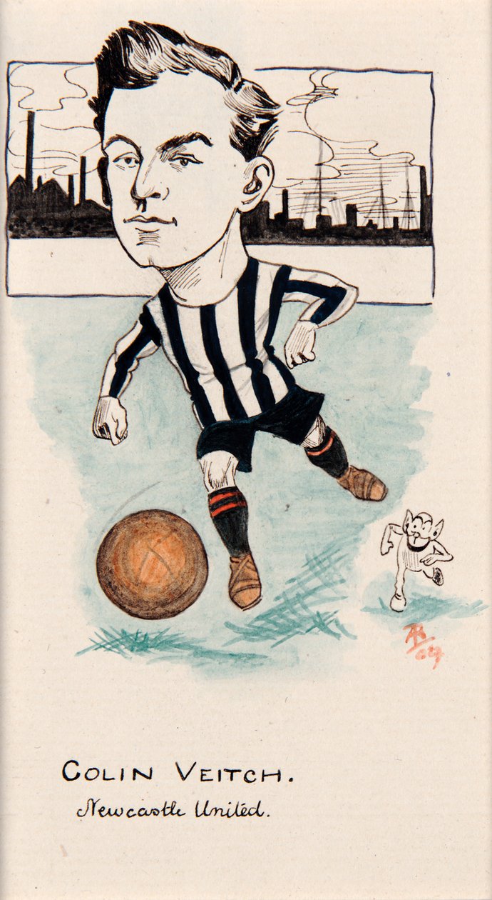 Colin Veitch, Newcastle United, ritning till en uppsättning cigarettkort, 1907 (penna och bläck på kort) av Rip
