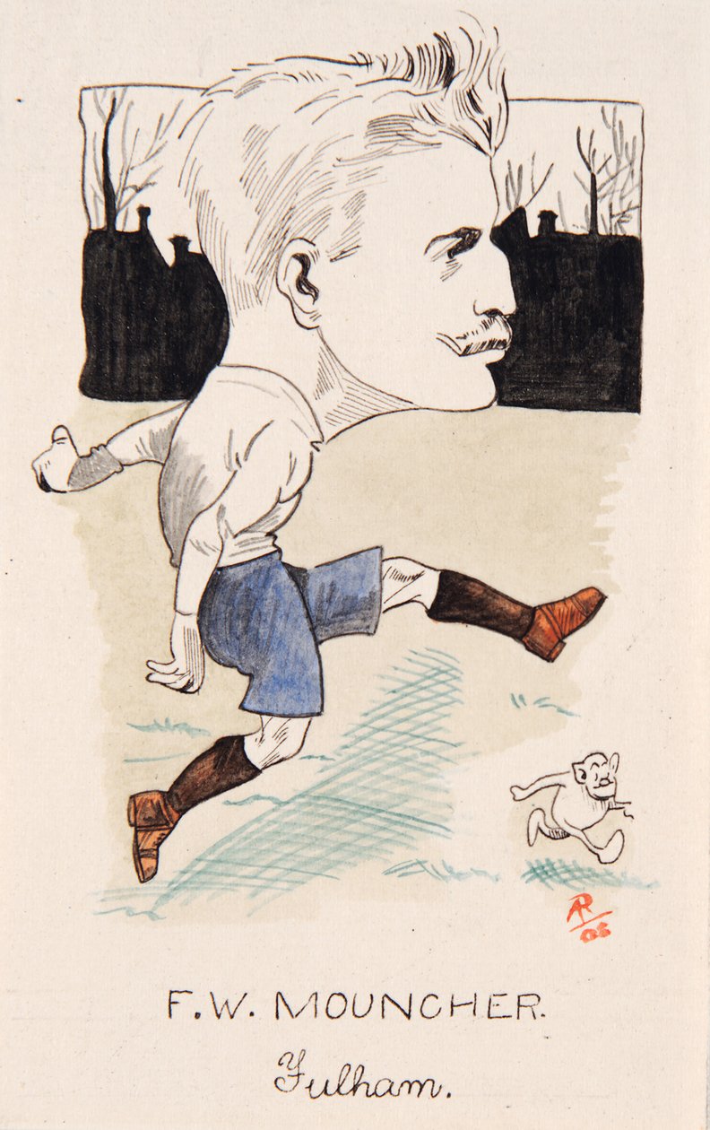 Fred Mouncher, Fulham, ritning till en uppsättning cigarettkort, 1907 (penna och bläck på kort) av Rip