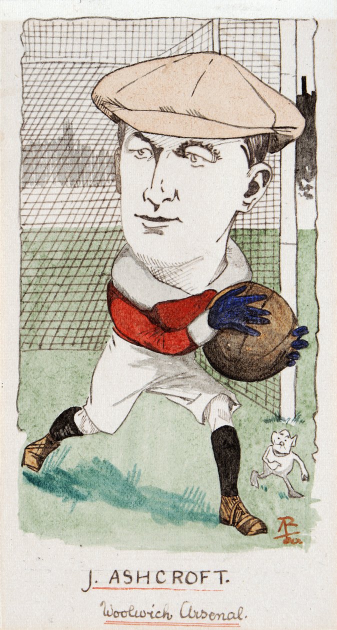 Jimmy Ashcroft, Woolwich Arsenal, ritning till en uppsättning cigarettkort, 1907 (penna och bläck på kort) av Rip