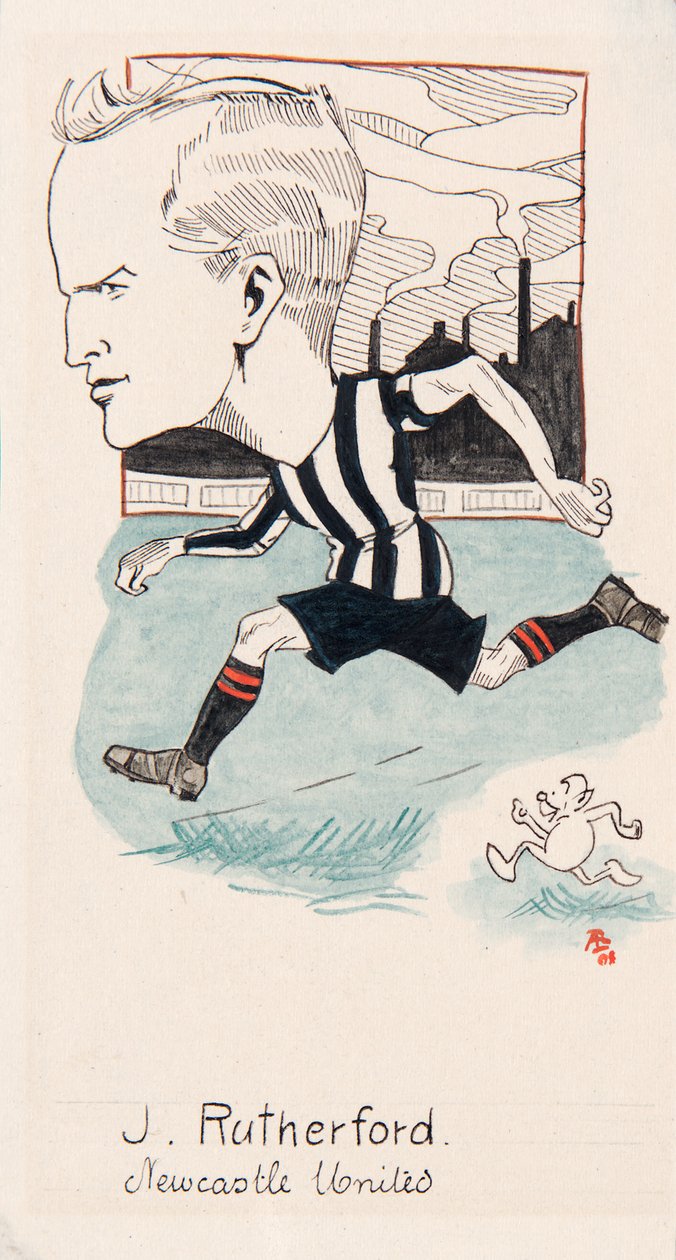 Jock Rutherford, Newcastle United, ritning till en uppsättning cigarettkort, 1907 (penna och bläck på kort) av Rip