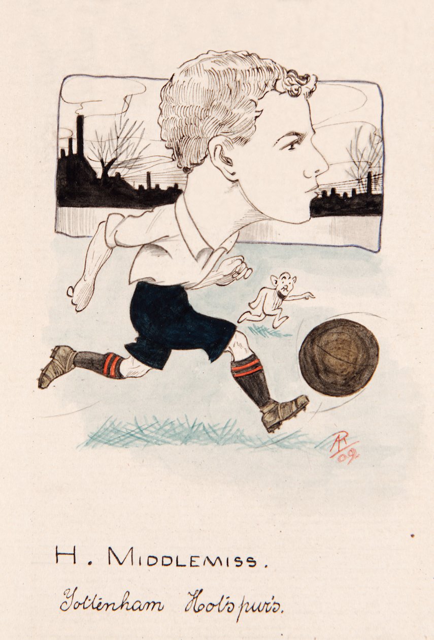 Bert Middlemiss, Tottenham Hotspur, ritning till en uppsättning cigarettkort, 1907 (penna och bläck på kort) av Rip