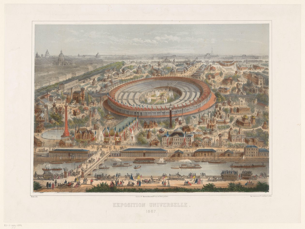 Fågelperspektiv av 1867 års världsutställning i Paris Exposition Universelle. 1867 (titel på objekt) av Rivière