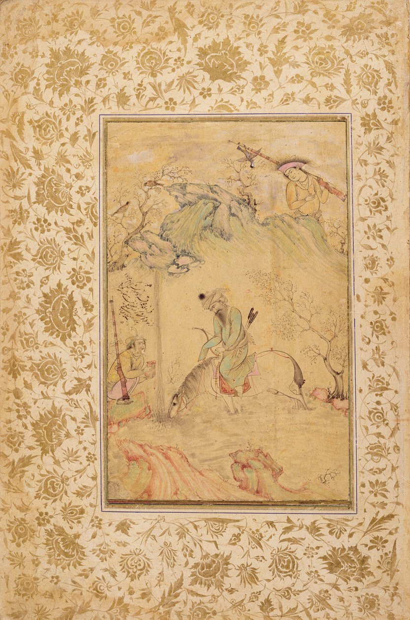 Hunters in a Landscape, ca 1615 (bläck, wc & guld på papper) av Riza i Abbasi