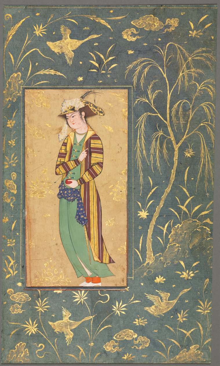 Ungdom som håller ett granatäpple, illustration från ett manuskript på en sida, c.1600-1650. av Riza yi Abbasi