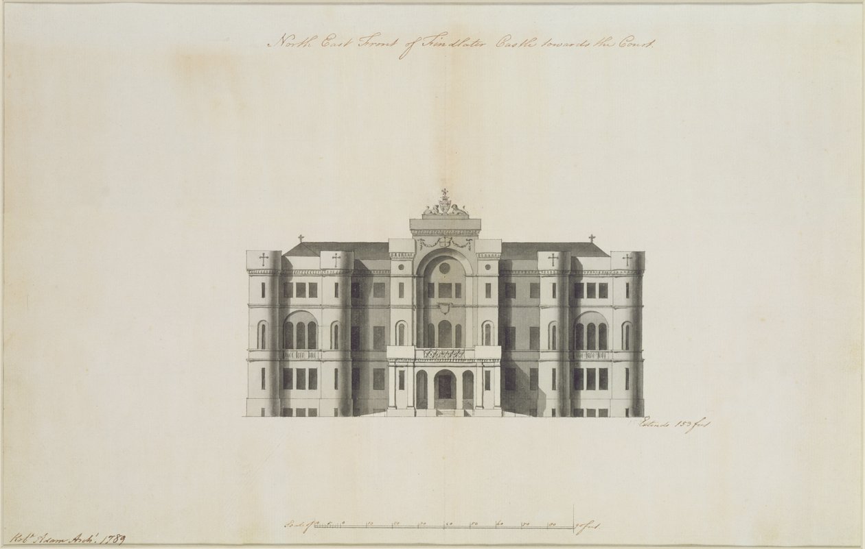 En ej utförd design för North East Front of Findlater Castle, för Earl of Seafield, 1789 (bläck och tvätt på papper) (se även 273035) av Robert Adam