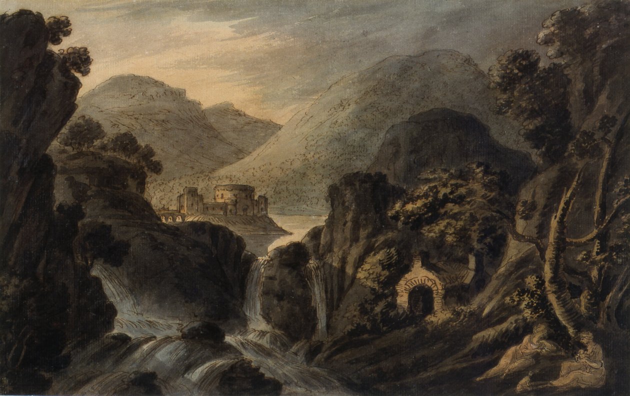 Klassiskt landskap med kaskad av Robert Adam