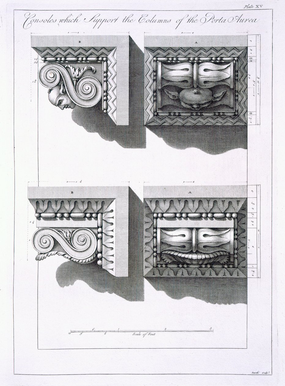 Konsoler som stöder kolonner i Porta Aurea, från "Ruinerna av kejsar Diocletianus palats vid Spalatro i Dalmatien", publicerad 1764 av Robert Adam