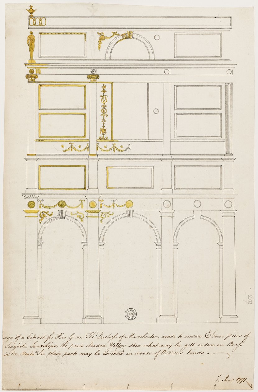 Design för Kimbolton Cabinet (penna och bläck med wc på papper) av Robert Adam