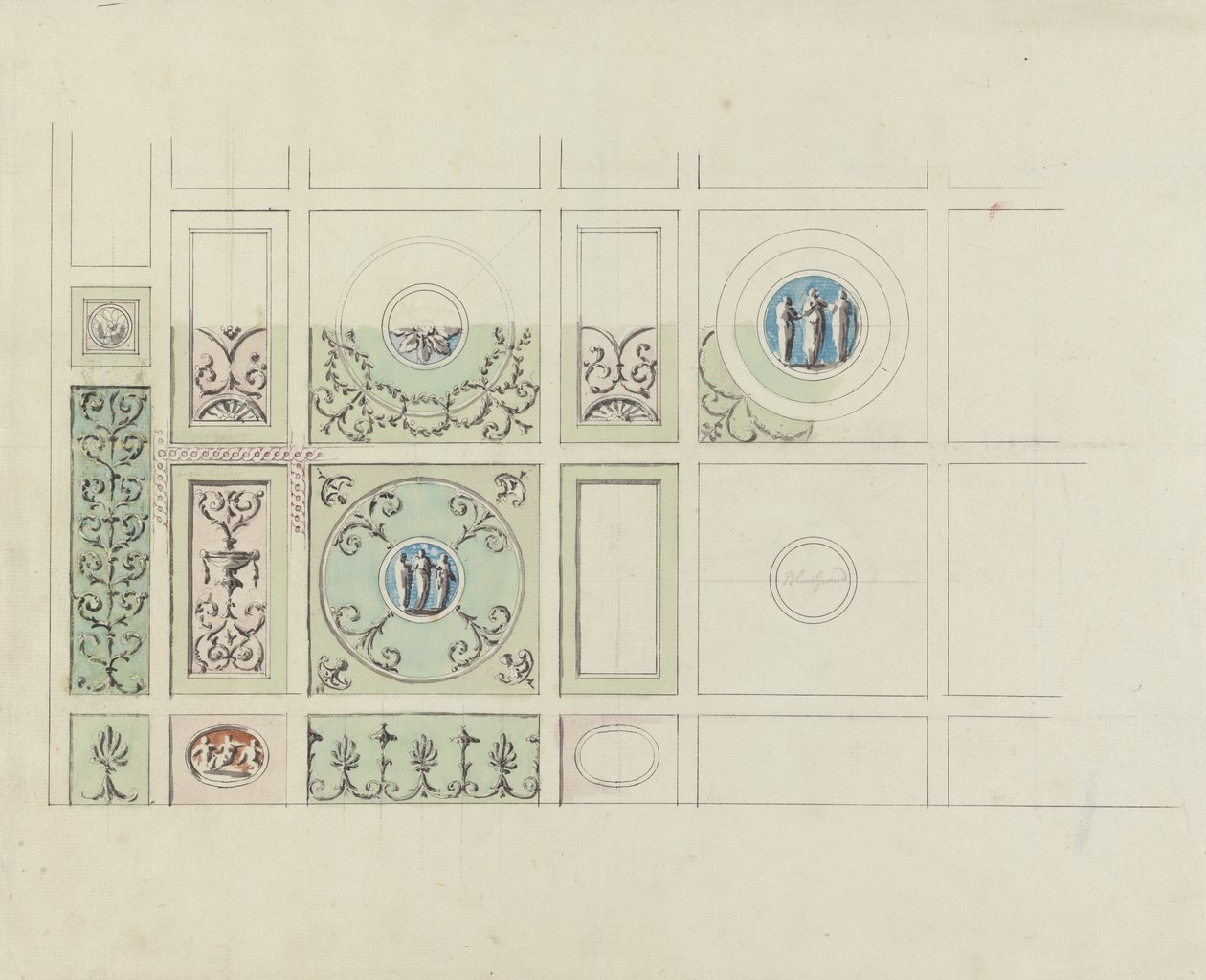 Design för taket i Eating Parlour, Headfort House (wc, grå tvätt och penna & svart bläck över grafit på papper) av Robert Adam