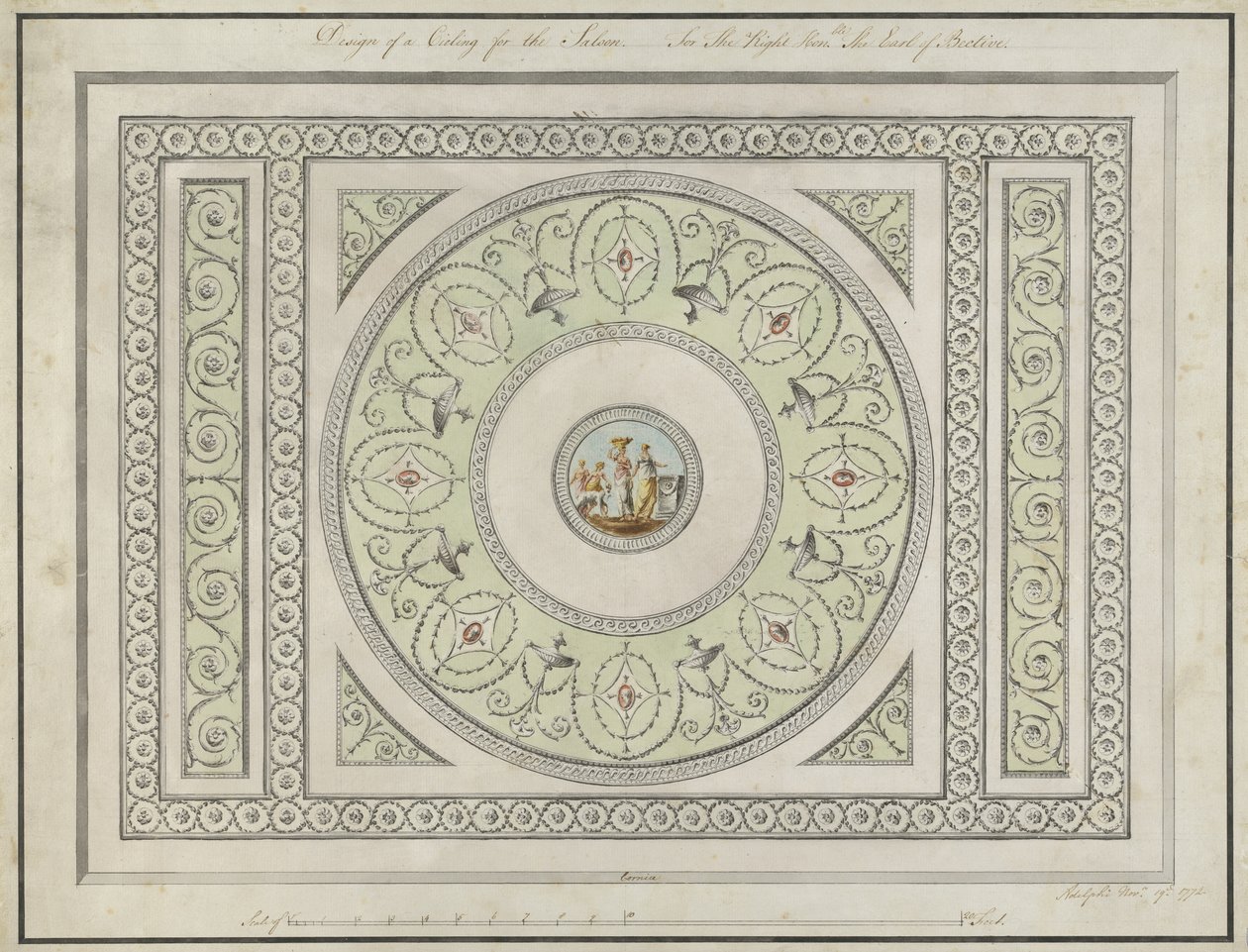 Design för salongens tak, Headfort House, 1772 (penna, svart & brunt bläck & wc på lagt papper) av Robert Adam