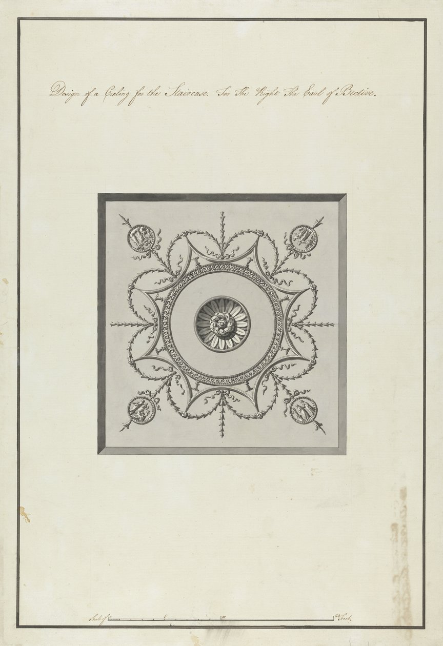 Design för taket i trappan, Headfort House, 1771-75 (penna & svart bläck med grå & svart tvätt på papper) av Robert Adam