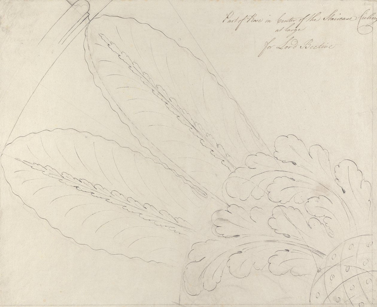 Design för takrosen på trappan, Headfort House, 1772 (penna & svart bläck och grafit på duk) av Robert Adam