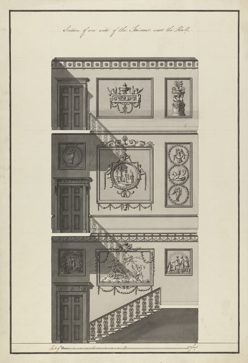 Headfort House. Trappa, sidosektion, 1775 (penna & bläck och wc-tvätt på papper) av Robert Adam