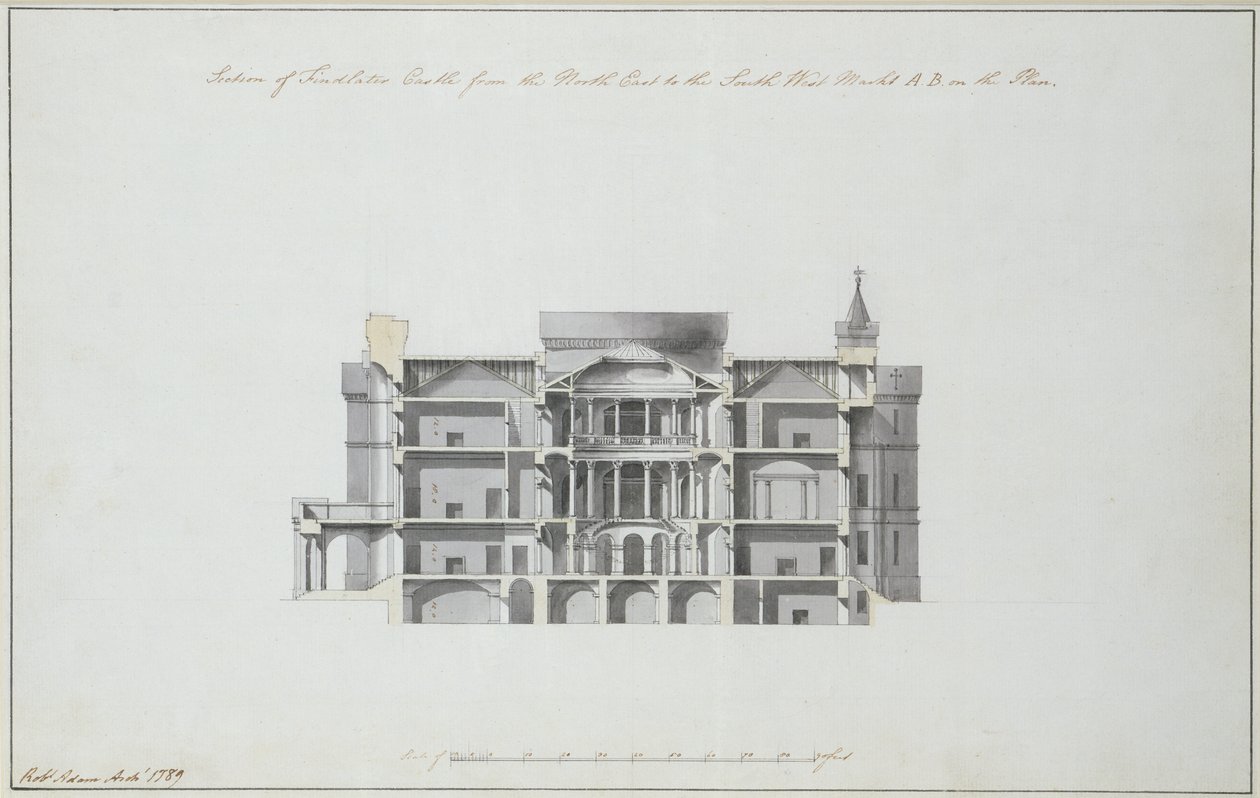 Sektion av Findlater Castle från nordöst till sydväst, 1789 (bläck och tvätt på papper) (se även 273034) av Robert Adam