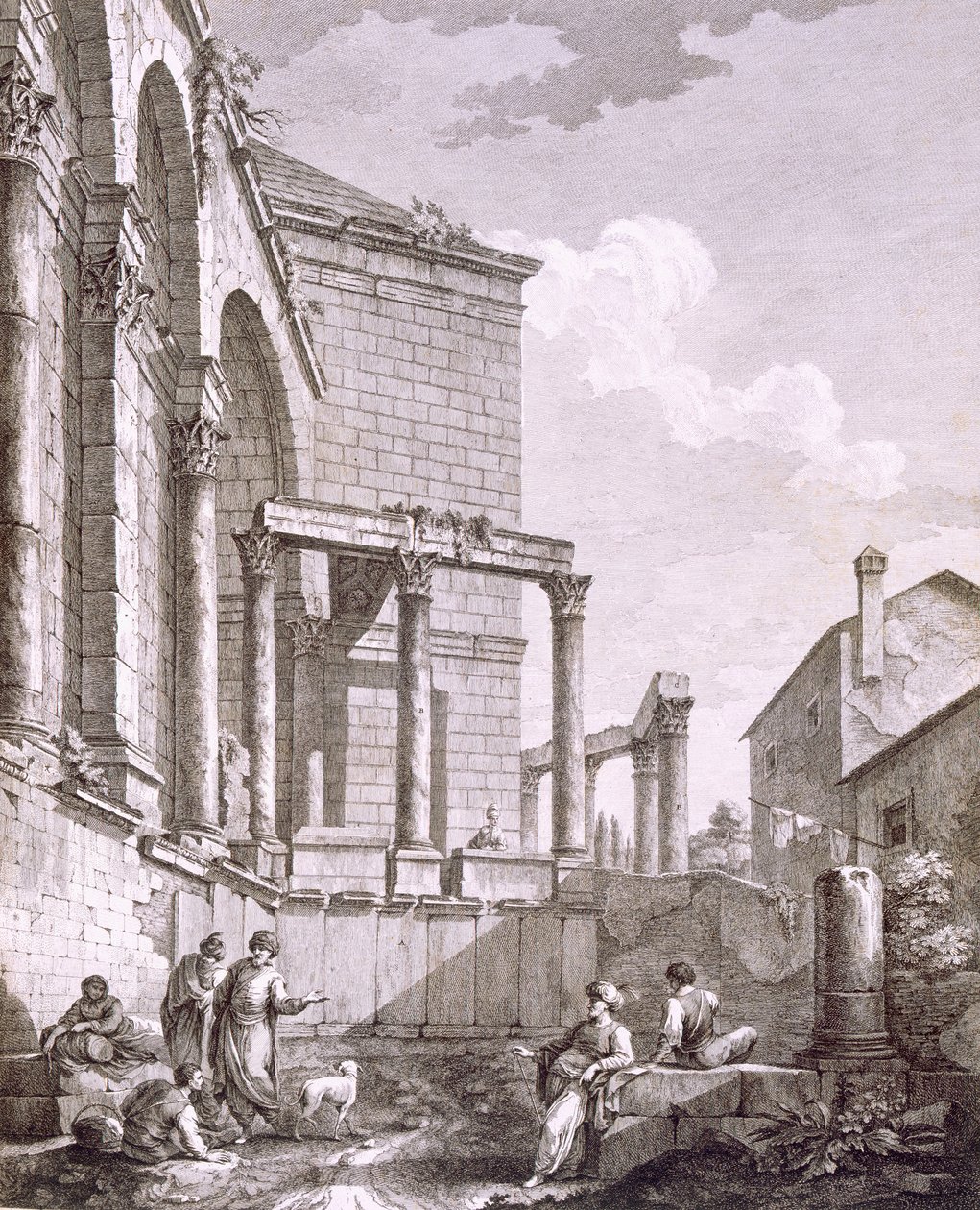 Sidovy av Jupiters tempel, från "Ruinerna av kejsar Diocletianus palats vid Spalatro i Dalmatien", publicerad 1764 av Robert Adam