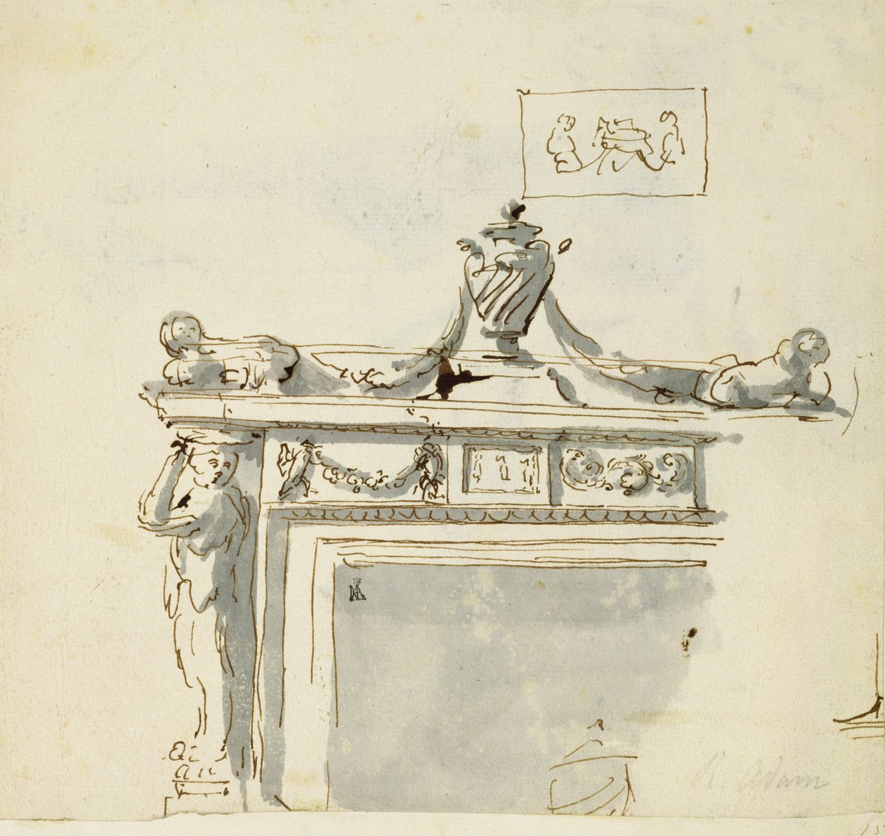 Skissad design för en öppen spis (penna och bläck och tvätt) av Robert Adam