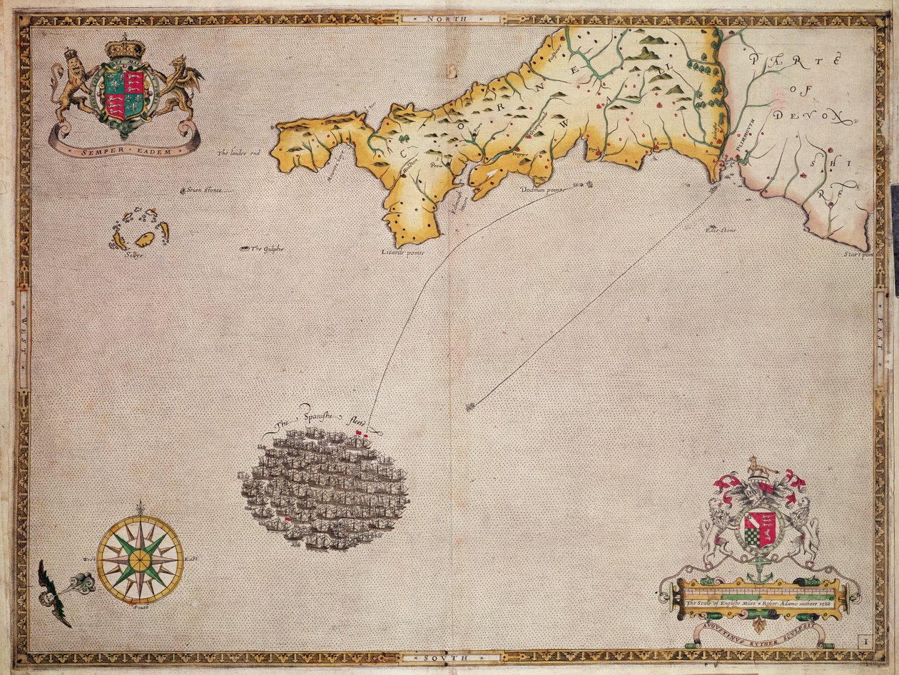 Faafanua Nu. 1 o loʻo faʻaalia ai le ala o le vaʻa a Armada, na vaneina e Augustine Ryther, 1588 swed av Robert Adams