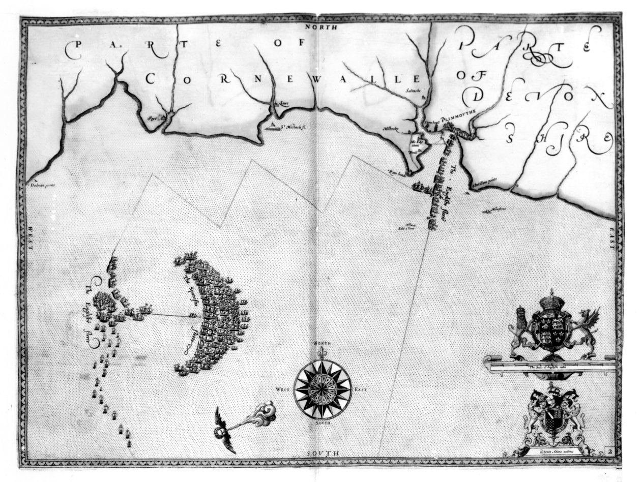 Karta nr 2 som visar Armada-flottans rutt, graverad av Augustine Ryther, 1588 av Robert Adams