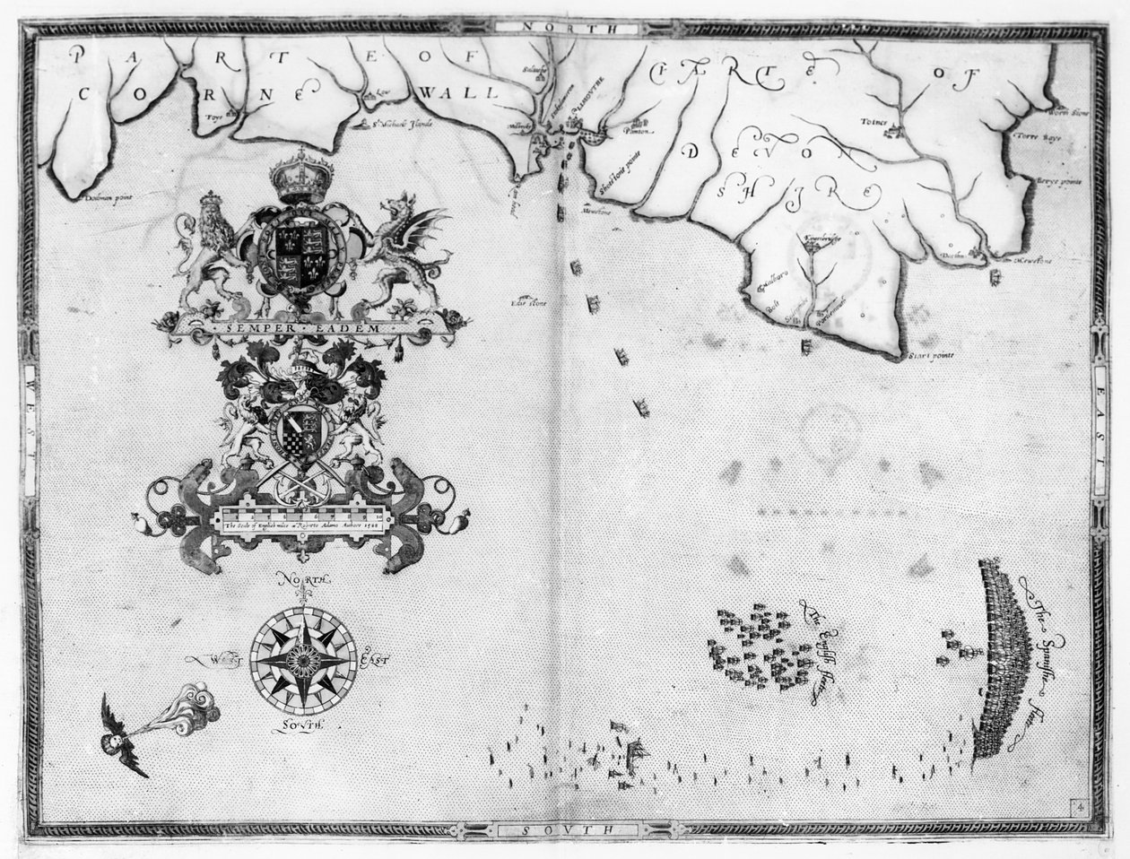 Karta nr 4 som visar Armada-flottans rutt, graverad av Augustine Ryther; 1588 av Robert Adams