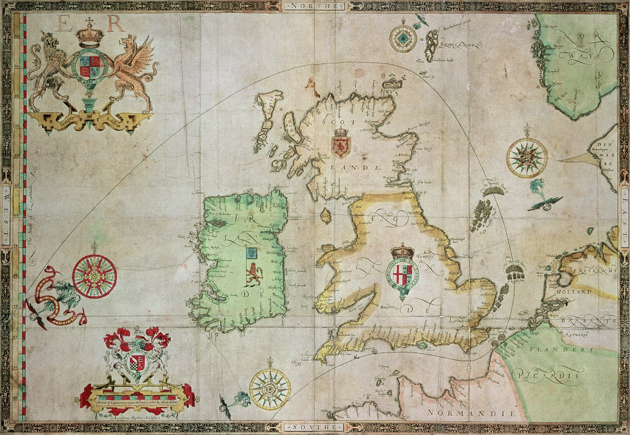 Karta som visar Armada-flottans rutt, graverad av Augustine Ryther, 1588 (se 133339 för bw) av Robert Adams