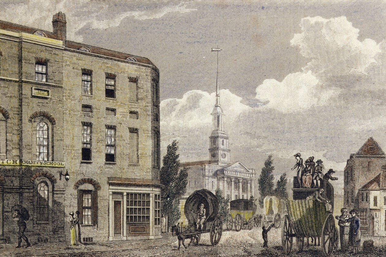 Indgang til London ved Shoreditch Church, 1810 (farvegravering) swed av Robert Blemell Schnebbelie