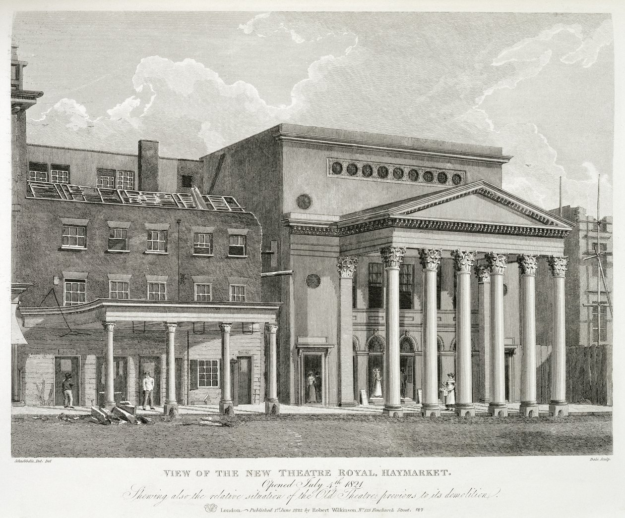 Utsikt över New Theatre Royal, Haymarket, i London, öppnade 4 juli 1821, visar också den relativa situationen för den gamla teatern före rivningen, graverad av Dale, 1822 av Robert Blemell after Schnebbelie