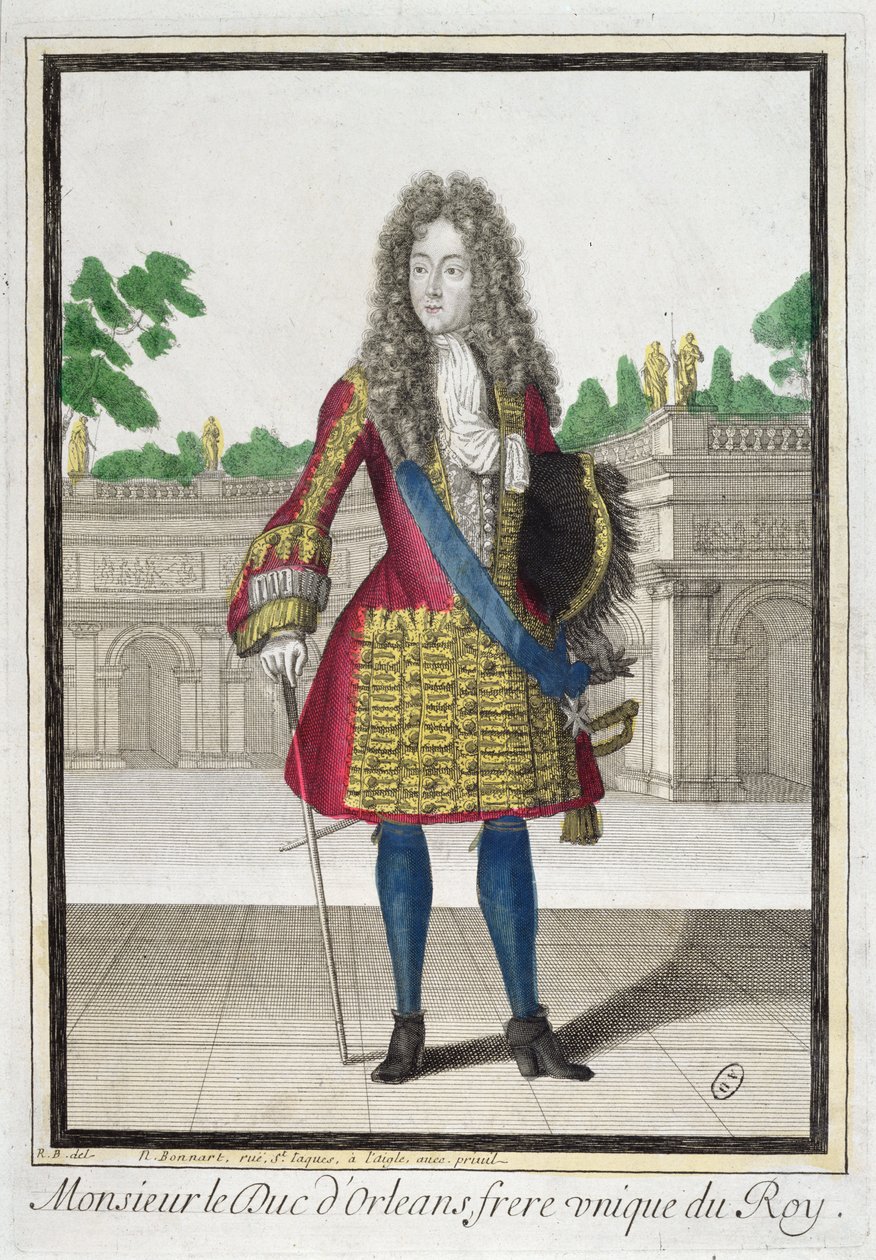 Porträtt av Philippe, hertig av Orléans (1640-1701), andra son till Ludvig XIII och bror till Ludvig XIV (färggravyr) av Robert Bonnart