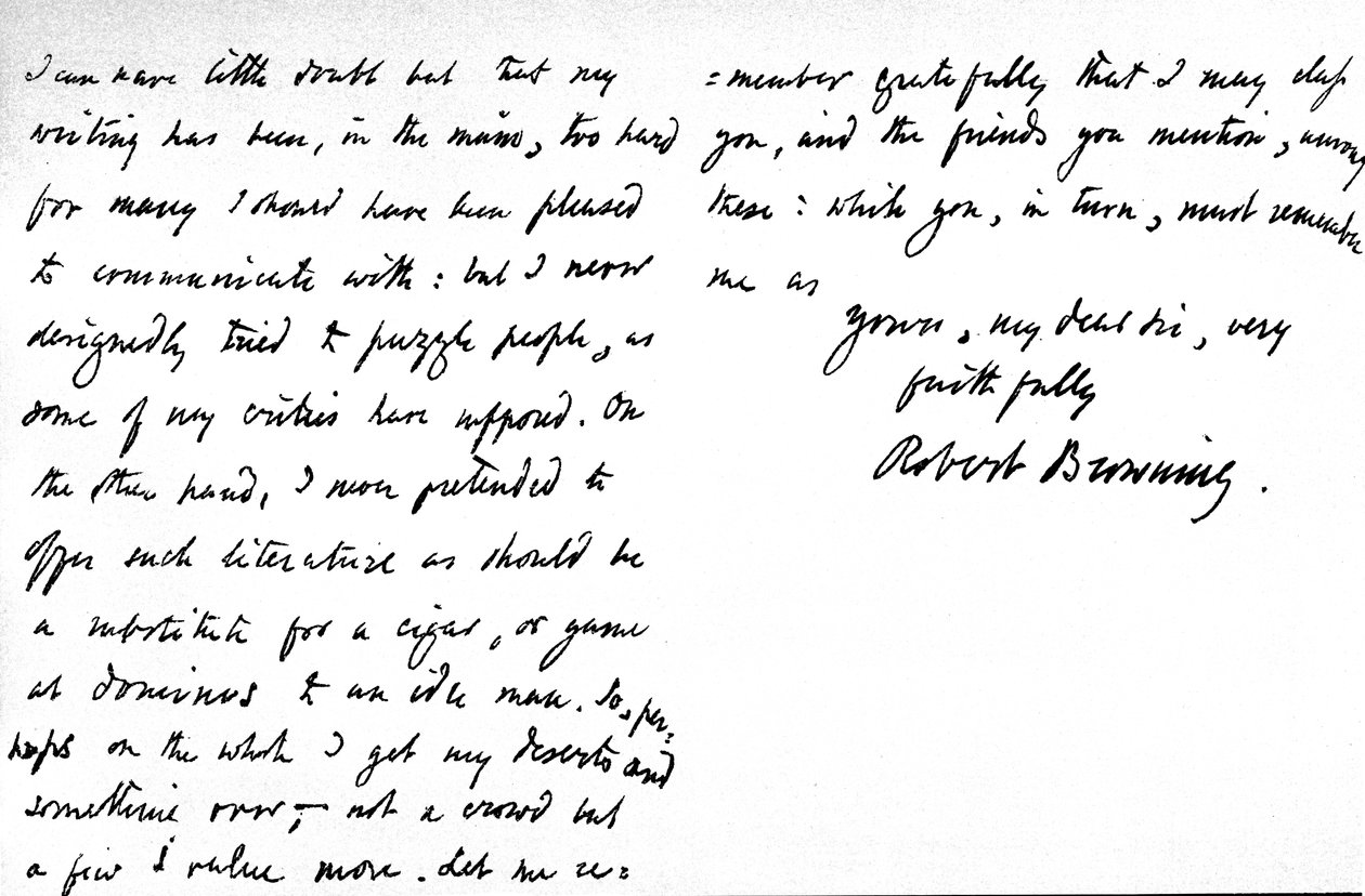 Brev till William G. Kingsland, angående den påstådda otydligheten i hans poesi och författarskap, skrivet på 19, Warwick Crescent, Upper Westbourne Terrace, London, 27 november 1868 av Robert Browning