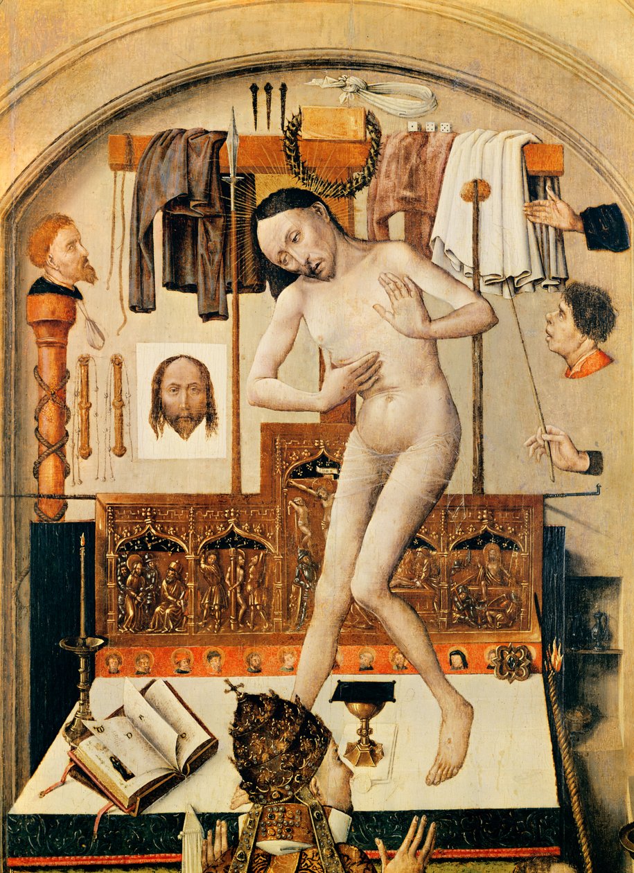 Mässan av St. Gregory den stora detalj av altaroljan på panel av Robert Campin