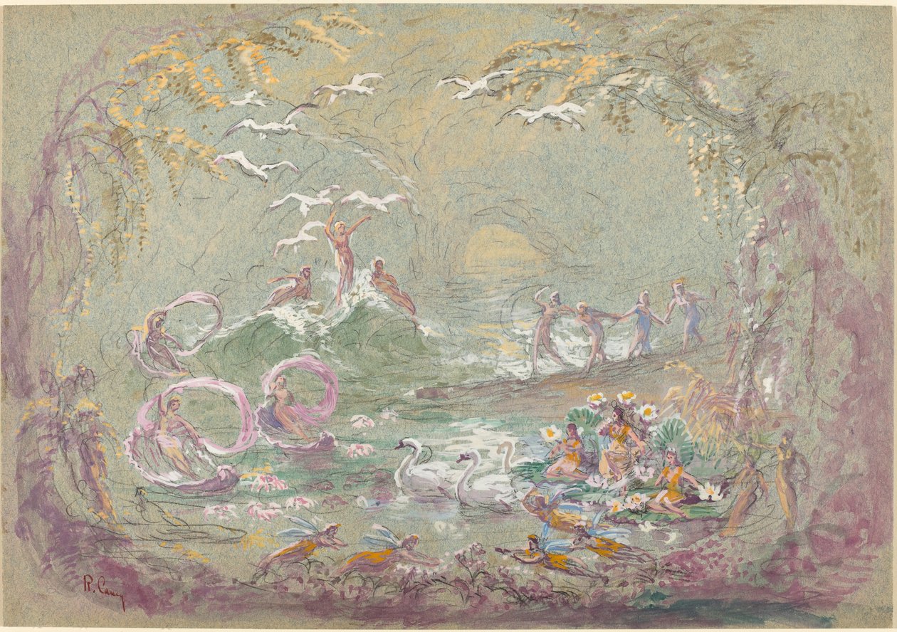 Sjön med älvor och svanar (akvarell och gouache över svart krita på blågrön tavla av Robert Caney