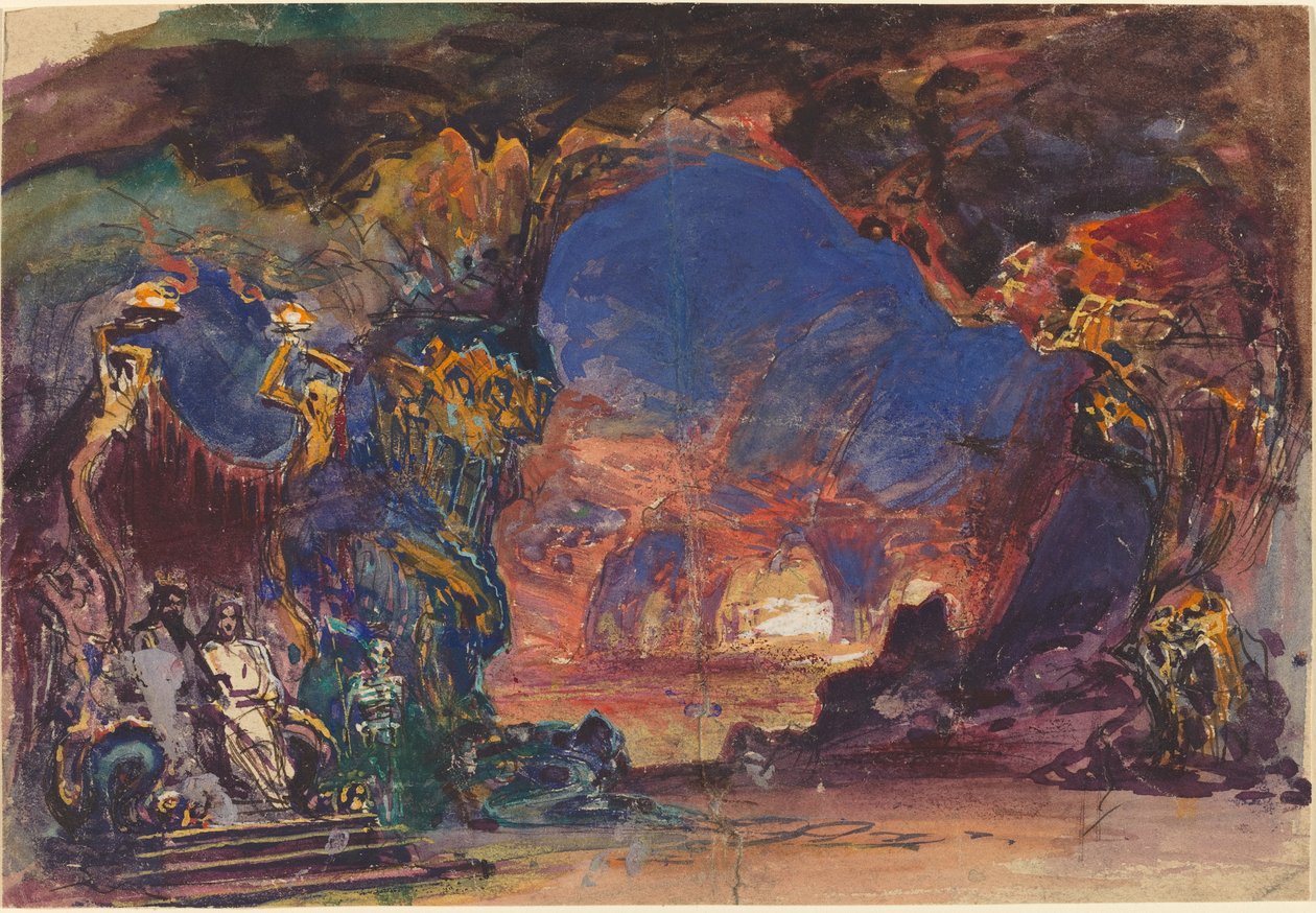 Underworld Scene with a Man and Woman Enthroned and Death Standing Guard (wc och gouache med penna och svart bläck på vävt papper) av Robert Caney
