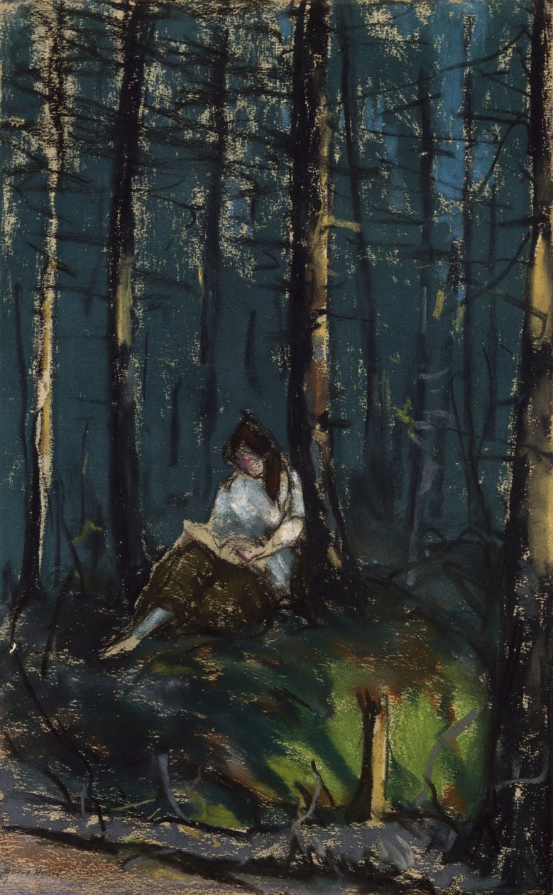 Läsaren i skogen, 1918 (pastell på vävt papper) av Robert Cozad Henri