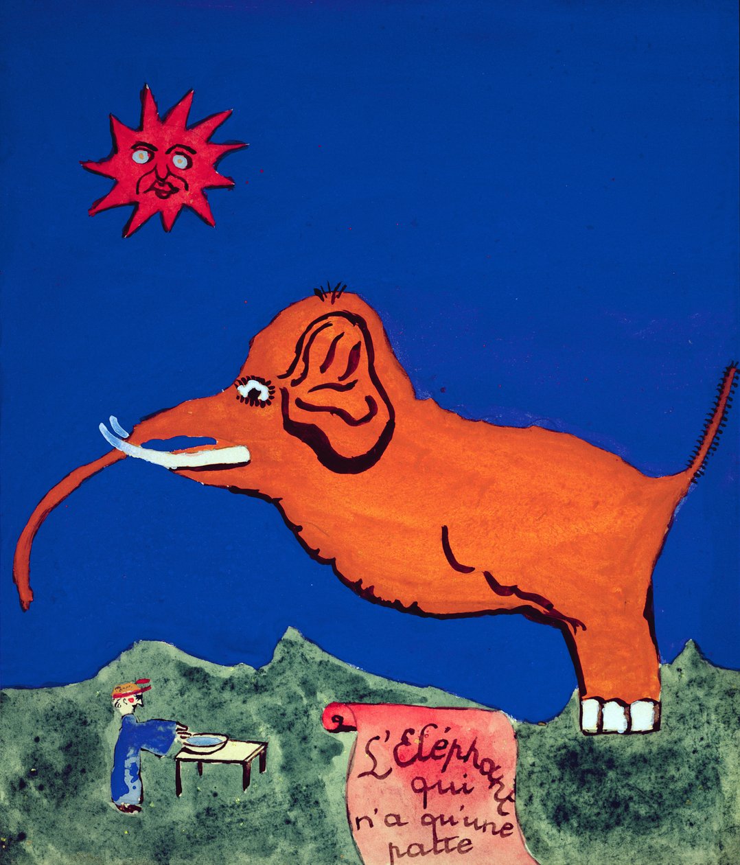 Elefanten med bara ett ben, illustration till den handskrivna diktsamlingen "La Menagerie de Tristan" av Robert Desnos, 1932 av Robert Desnos