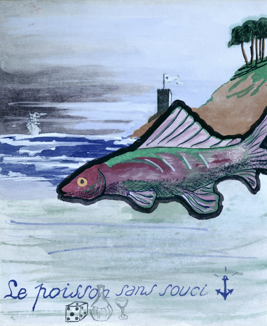 The Fish Without Worry, illustration till den handskrivna diktsamlingen "La Menagerie de Tristan" av Robert Desnos, 1932 av Robert Desnos