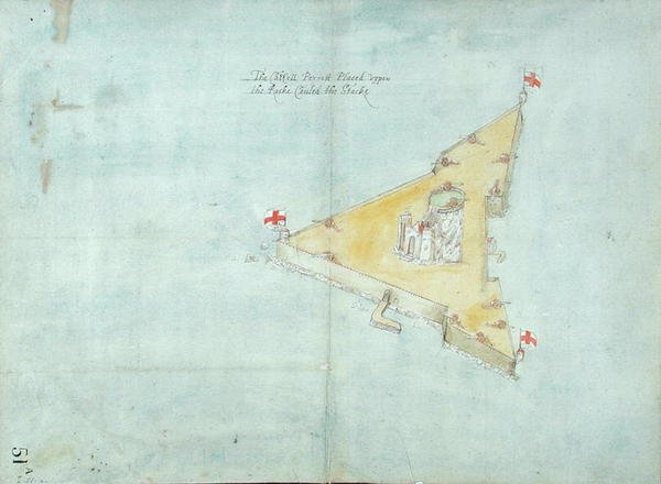 The Castell Perrott Placed Upon the Rock Called the Stack, c.1597-1601 (wc, penna och penna & bläck på papper med linne) av Robert Devereux