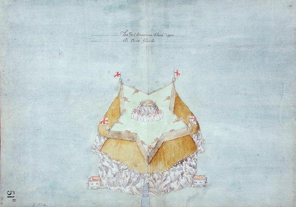 Fort Devereux placerat på Fern Island, ca 1597-1601 (wc, penna och penna och bläck på papper med linne) av Robert Devereux