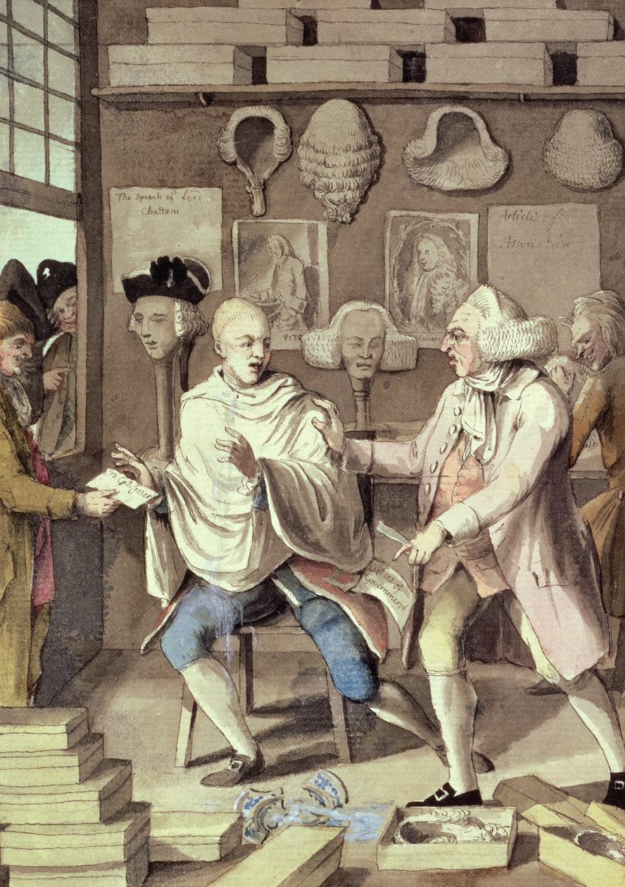 The Patriotick Barber of New York, or the Captain of the Suds, 1700-talet (wc, penna och bläck på papper) av Robert Dighton