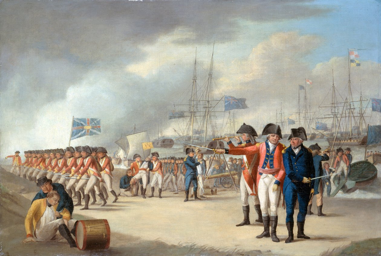 Landstigning av brittiska trupper under Sir Ralph Abercromby (1734-1801) på ön Texel, Holland, 27 augusti 1799, ca 1799 av Robert Dodd