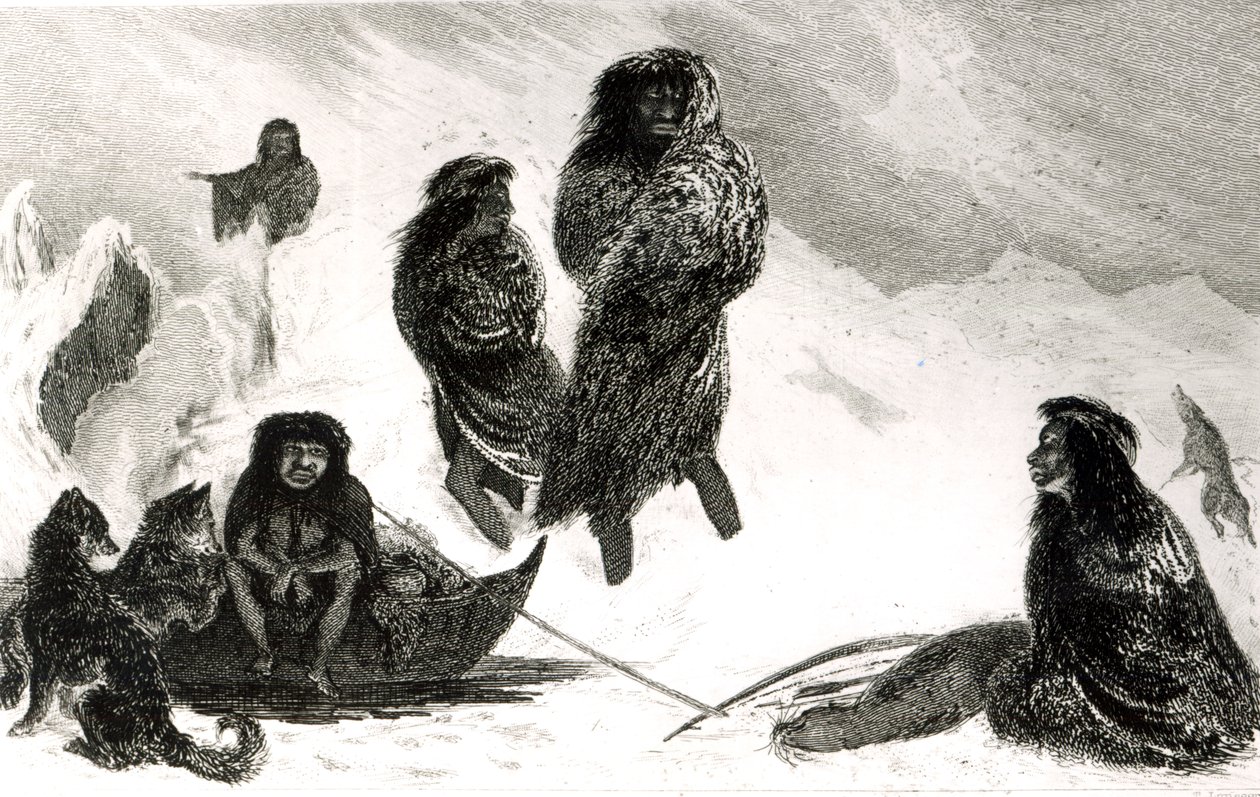Fuegians kommer att handla i Zapallos med patagonierna, graverad av T.Lanseer 1838 av Robert Fitzroy