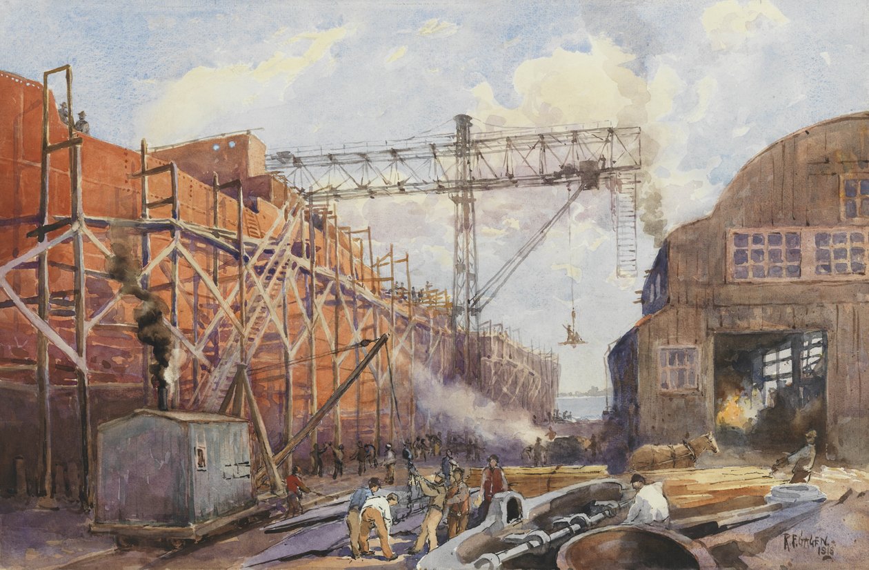 Polson Iron Work Yard, Ship War Hydra on Stocks, 1918 av Robert Ford Gagen