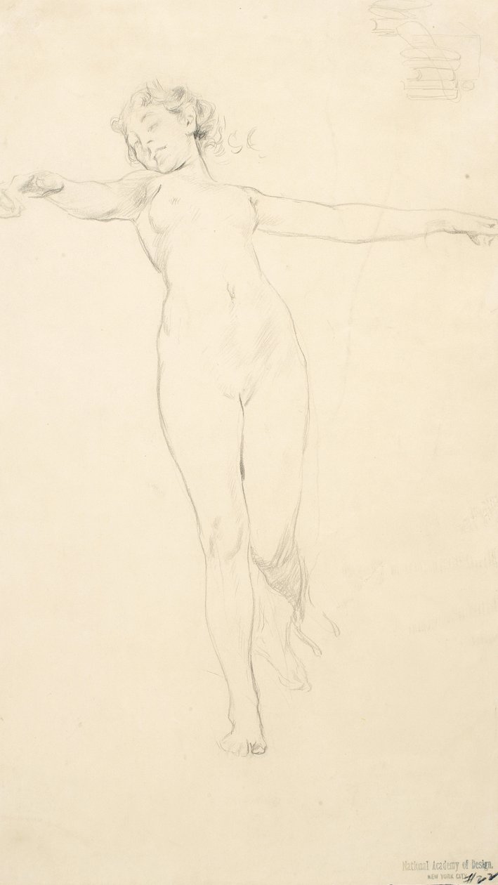 Skiss av stående kvinnlig naken, möjligen för Moods to Music väggmålning, 1893-95 (grafit på buffvävt papper) av Robert Frederick Blum