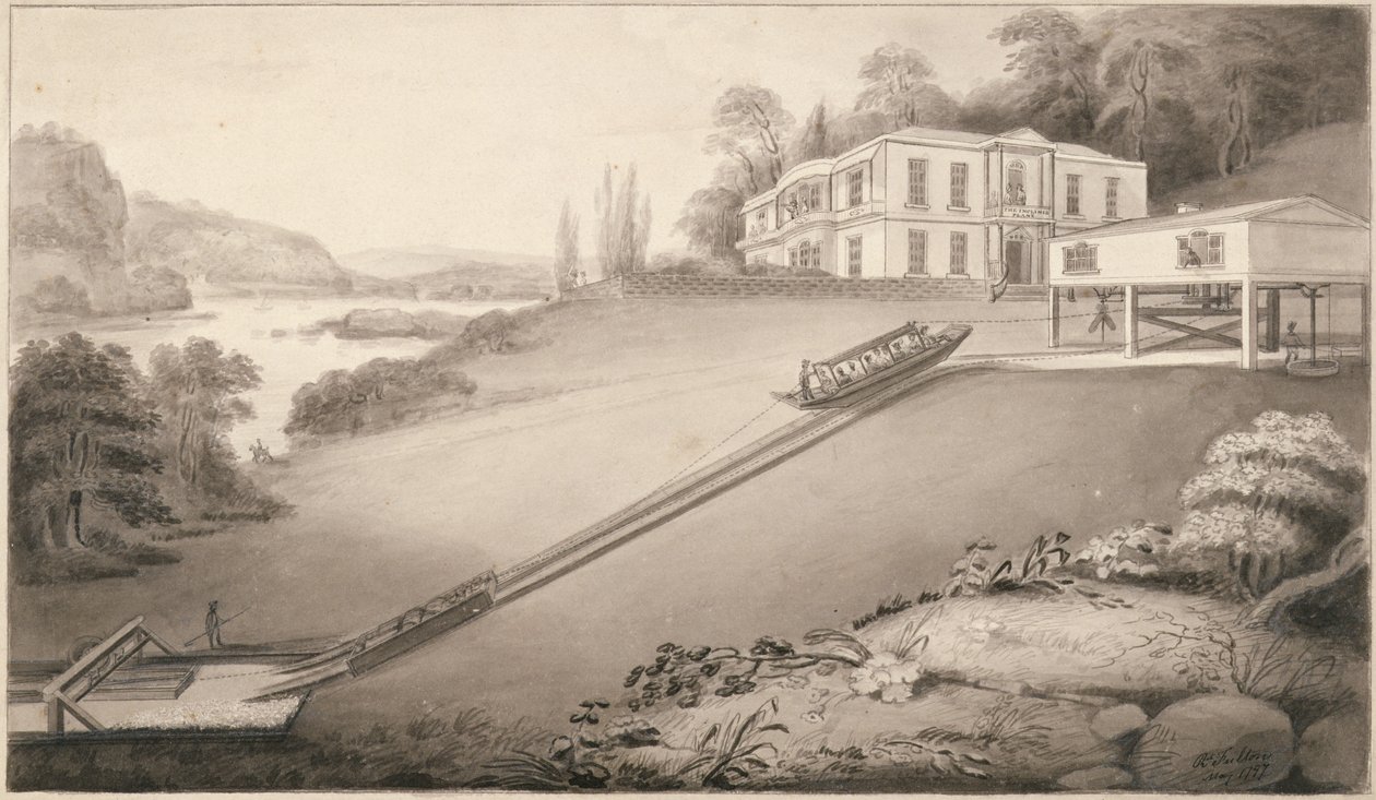 Lutande båt förs till en övre kanalnivå, 1797 av Robert Fulton