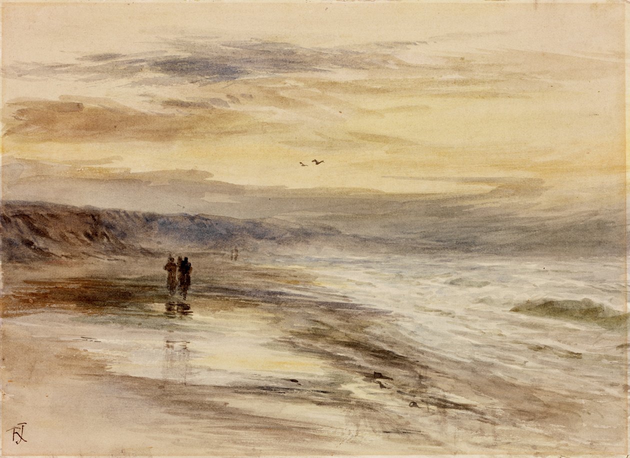 Figurer på stranden vid skymningen (akvarell på papper (klistrad på kort)) av Robert Jobling