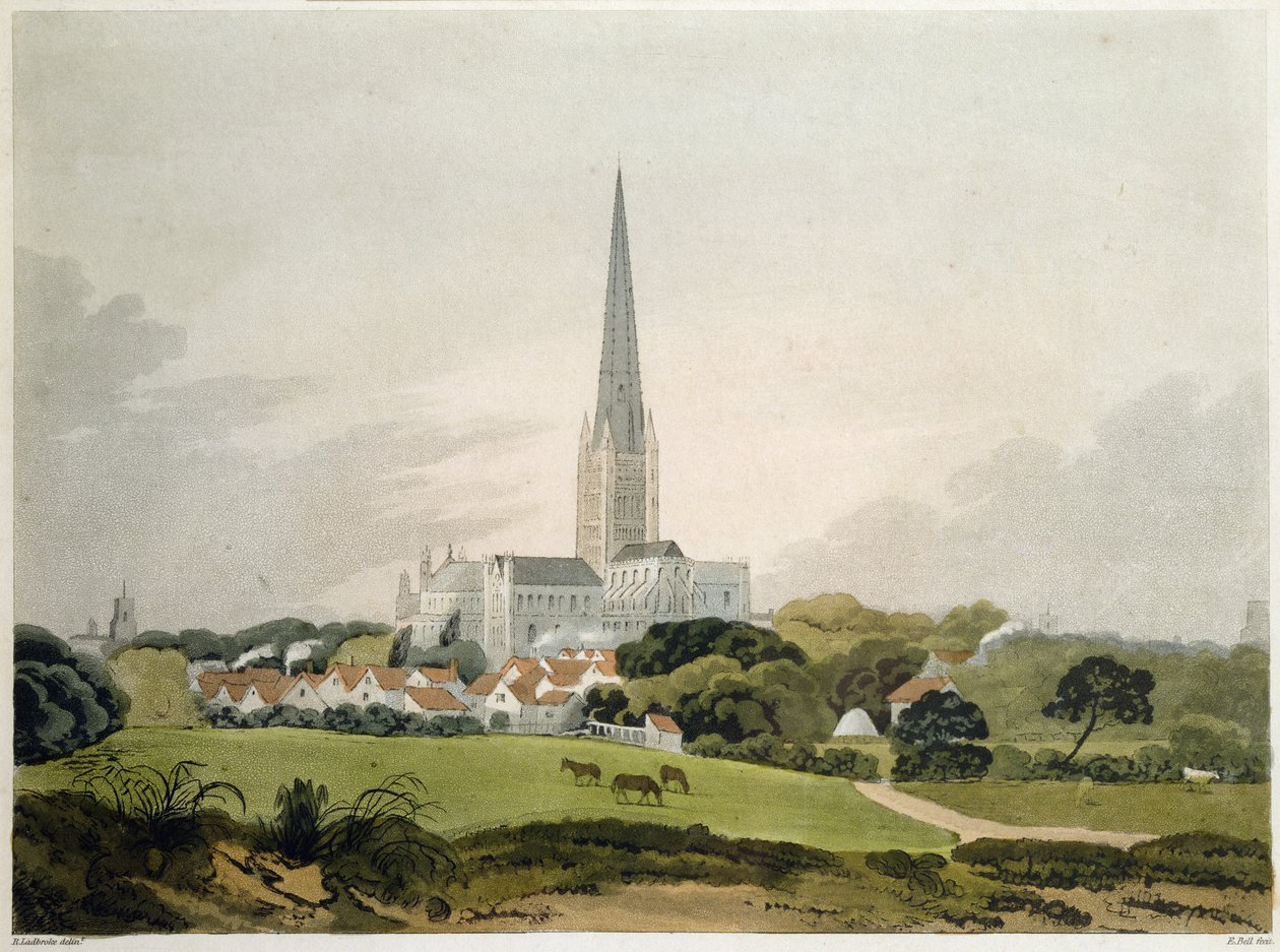 Norwich Cathedral, 1802, graverad av Edward Bell (fl.1794-1847) (tryck) av Robert Ladbrooke