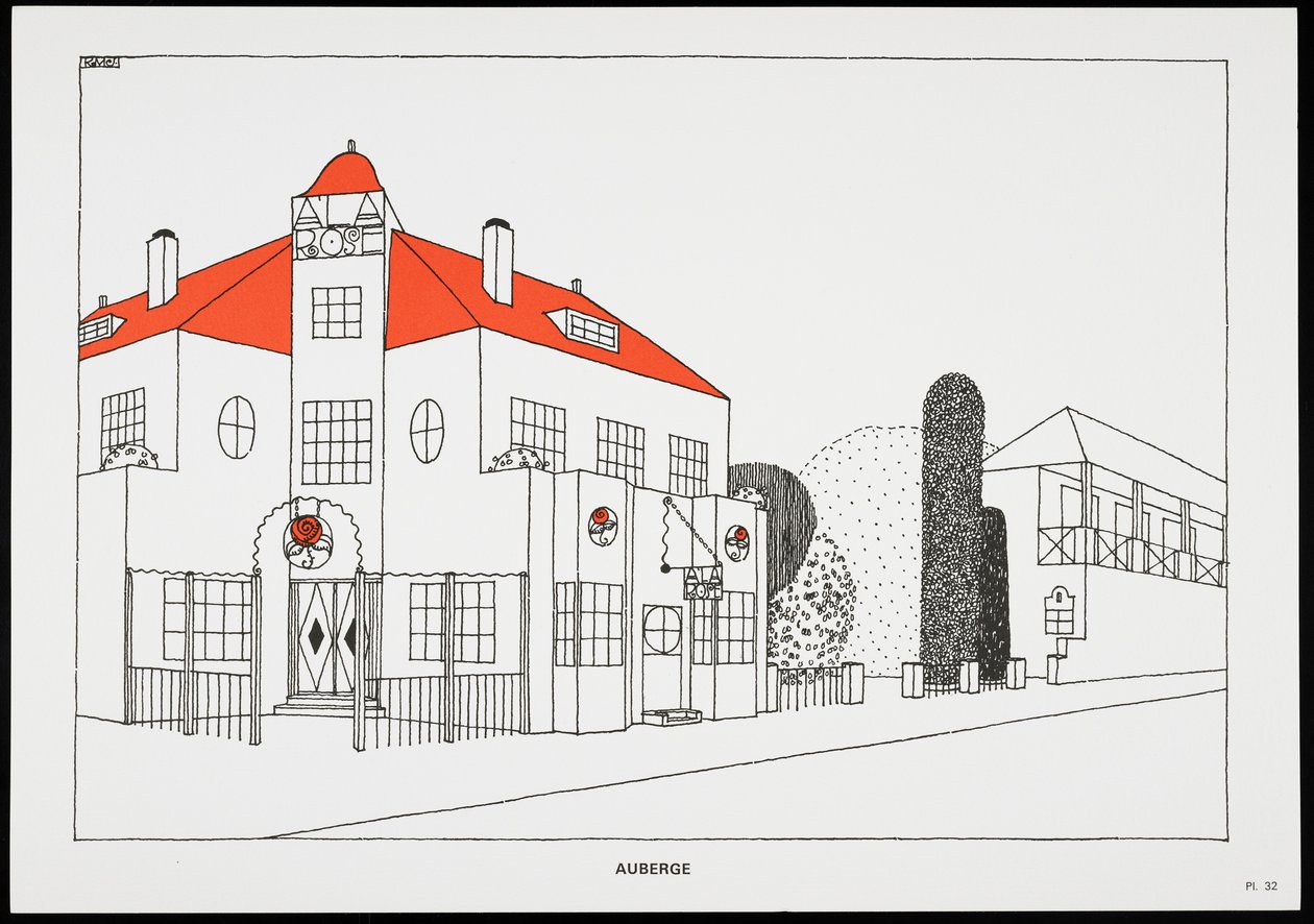 Auberge, från Une Cite Moderne, Ritningar av Rob Mallet-Stevens Architecte, 1987 (publicerad) av Robert Mallet Stevens