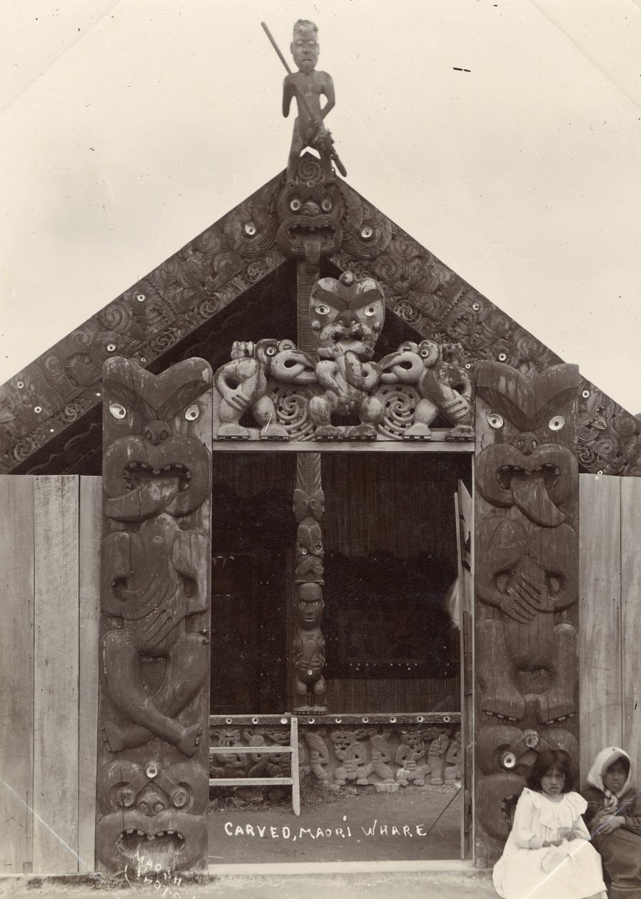 Ristade Maori whare, ca 1900 (silvergelatintryck) av Robert Marsh